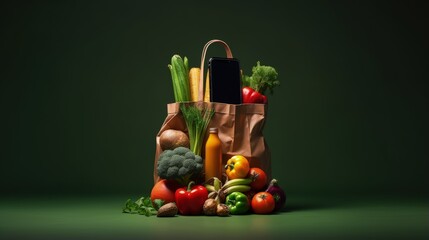 Online grocery app on smartphone and full grocery bag coming out of the smartphone screen, copy space