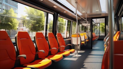 Modern city bus interior and seats. Public transport - obrazy, fototapety, plakaty