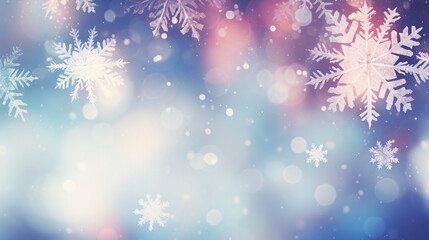 Fototapeta na wymiar Snowflakes Bokeh Lights Abstract Winter Background Silver Red Glitter