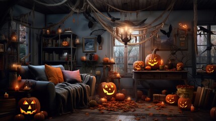 Interior of living room with decorations for Halloween