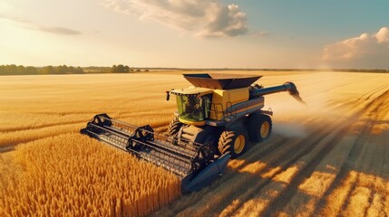 Combine harvester on the field of wheat. Perfect summer view from flying drone of harvesting wheat on sunset. Picturesque rural scene in Ukraine, Europe.