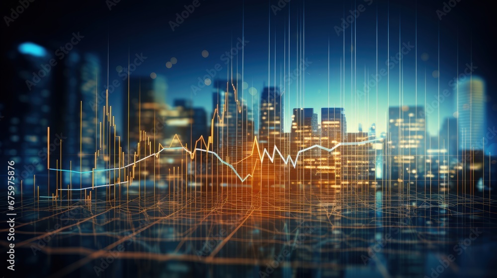 Poster Creative digital graph interface over blurry blue background. Concept of stock market, coding and investment. 3d rendering toned image double exposure