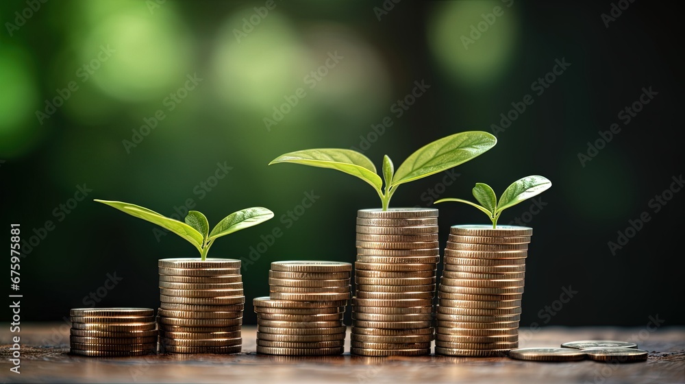 Poster coin startup on coins stacking with green leaves plant growth up on top with graph up success on pro