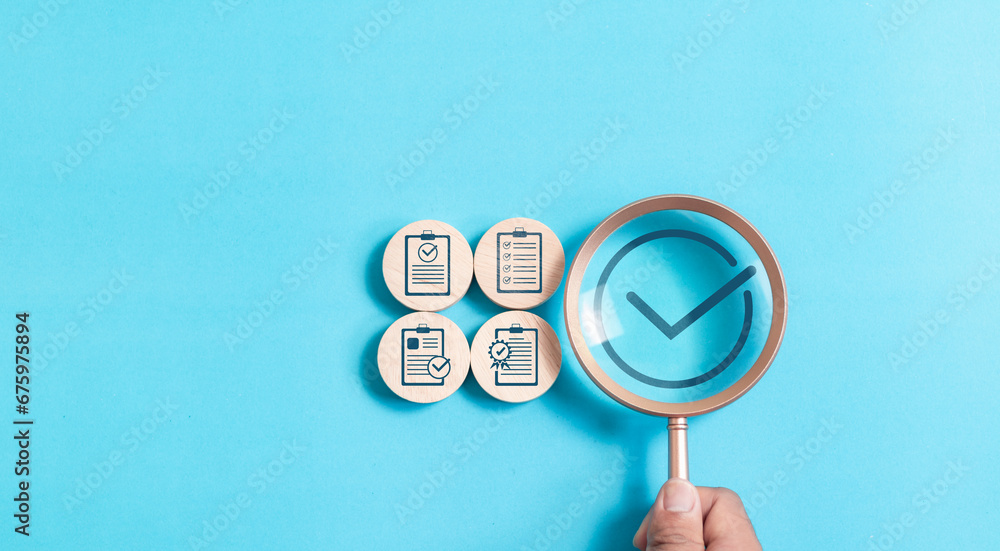 Poster document approval concept. magnifying glass focus to approved document icon on for approve business 