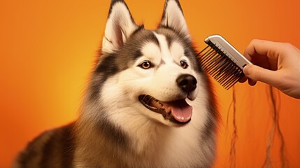 Groomer in a dog saloon combs a gray Husky breed dog by caring for six on an orange background closeup