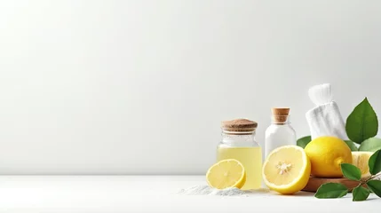 Fotobehang Eco friendly natural cleaners, jar with baking soda, dish brush, lemon, soap on white background. Organic ingredients for homemade cleaning with mockup bottle. Zero waste concept, copy space © HN Works