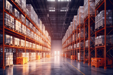 Empty Warehouse full of blank cardboard boxes stacked. 3d render illustration. Generative AI. - obrazy, fototapety, plakaty