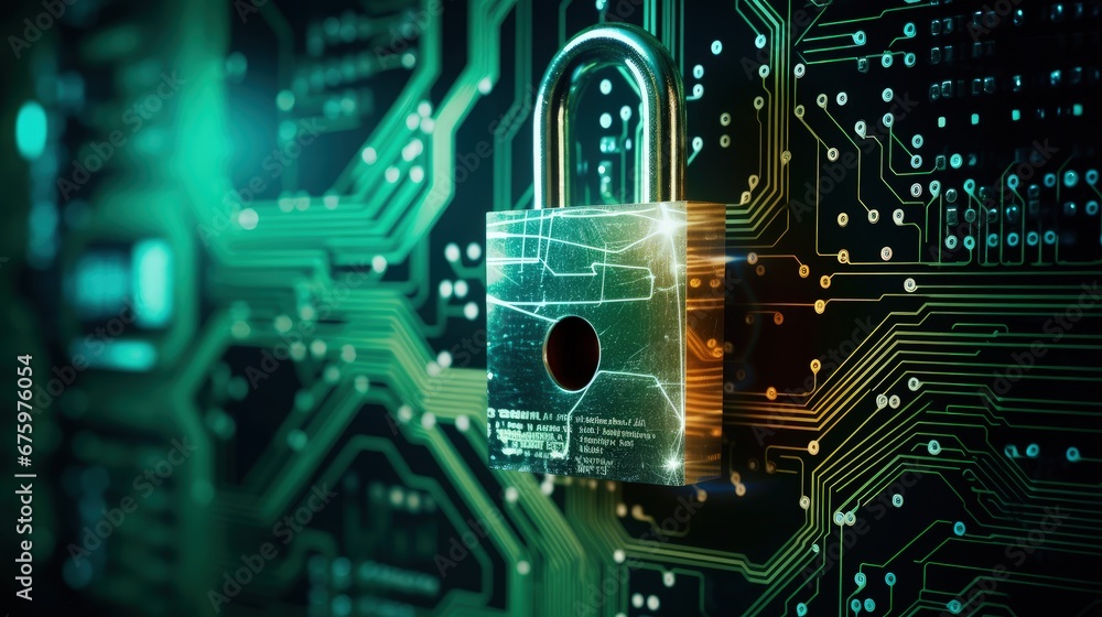 Poster Padlock on computer motherboard. Internet data privacy information security concept. Toned image