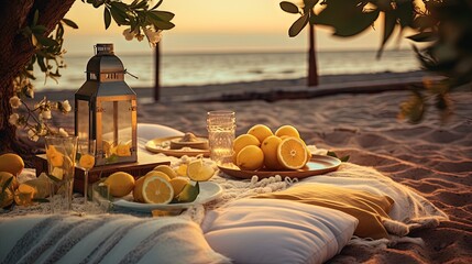 Romantic luxury picnic on the beach. Boho decoration with lemons. Bachleorette party, couple date, birthday party. - obrazy, fototapety, plakaty