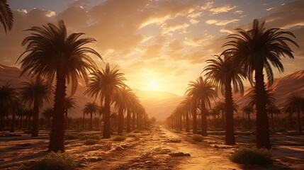 Sunrise above plantation of date palms, developing agriculture industry in desert areas of the Middle East