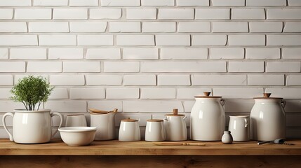 Fototapeta na wymiar kitchen details, accessories, ceramic jars, wooden table, white ceramic brick wall background. Sustainable living eco friendly kitchen.