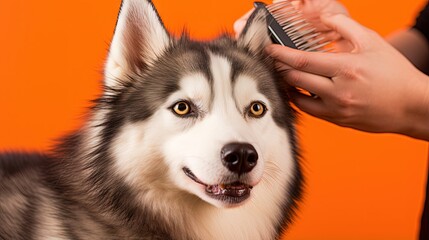 Groomer in a dog saloon combs a gray Husky breed dog by caring for six on an orange background closeup