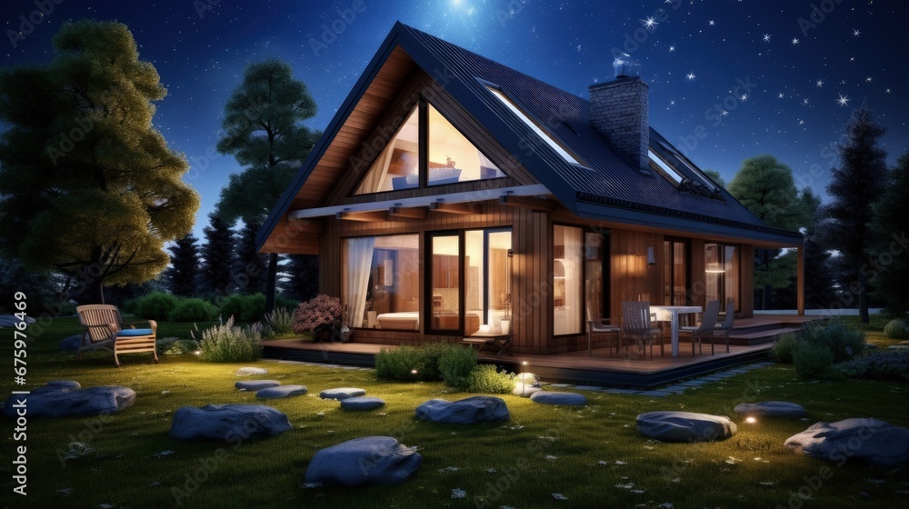 Poster 3d rendering of modern cozy house in chalet style with garage for sale or rent with many grass on la