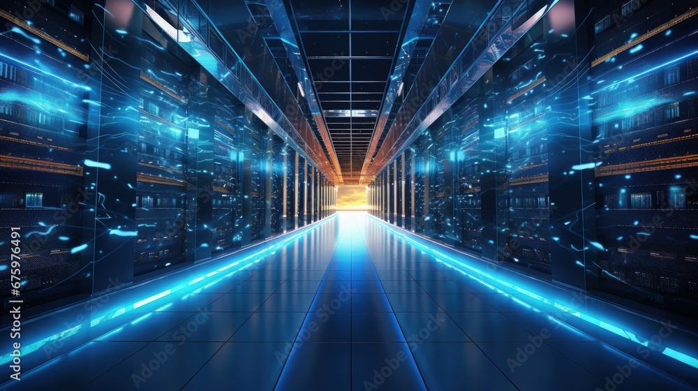 Poster Shot of Corridor in Working Data Center Full of Rack Servers and Supercomputers with Internet connection Visualization Projection.
