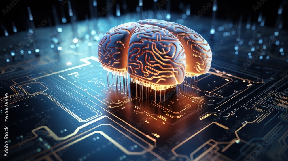 Leinwandbilder Futuristic design of artificial Intelligence brain with circuit board. Learning process and problem solving concept. Abstract digital technology background. 3D Rendering
