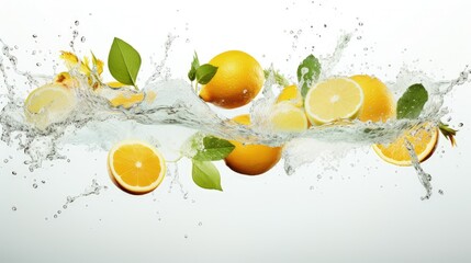 Falling fresh citrus fruits, ice cubes, mint and splashing water on white background