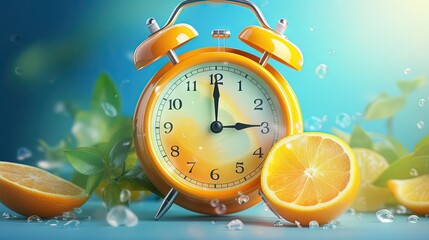 creative clock with lemon or orange concept. alarm clock chat box sound time past present future...