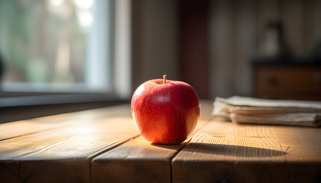 red apple on wooden table generative ai