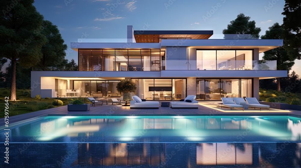 Poster realistic 3d rendering of a very modern upscale house with swimming pool