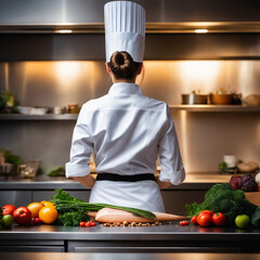 Back view of young female chef in uniform standing in kitchen at restaurant