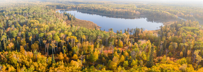 Panorama of a Colorful Autumn Forest setting with a small lake and a road. The brightly colored deciduous trees fill the foreground with a calm lake reflecting the blue sky in the midground. The dista