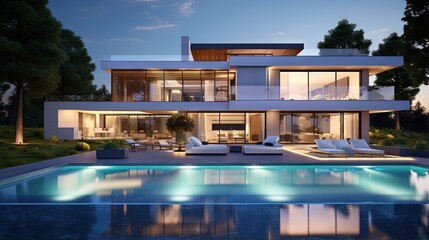 Realistic 3D rendering of a very modern upscale house with swimming pool