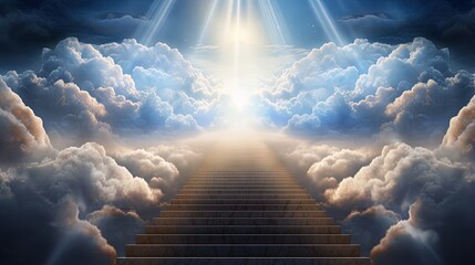 Stairway through the clouds to the heavenly light. Stairway to heaven - obrazy, fototapety, plakaty