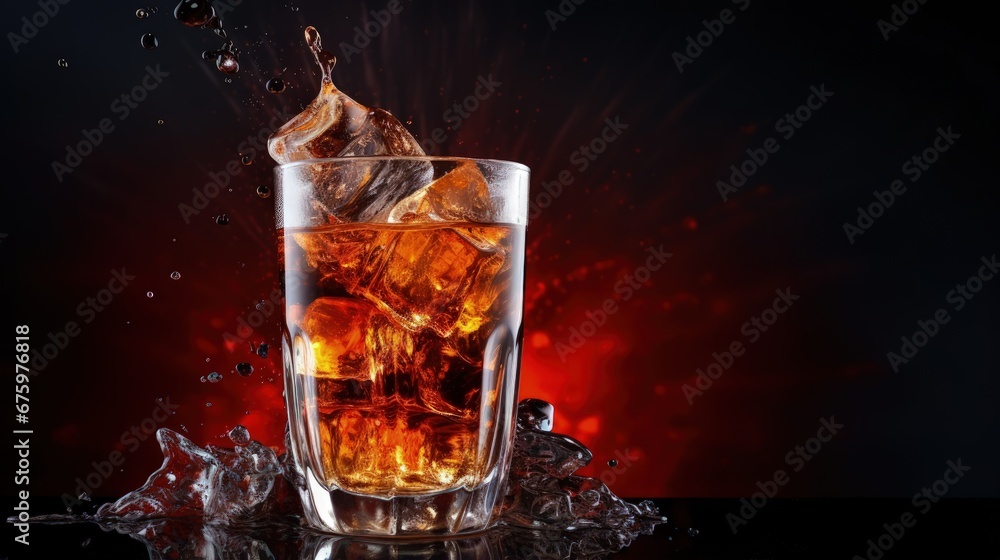 Aufkleber soft drink glass with ice splash on cool smoke background. cola glass with summer refreshment.