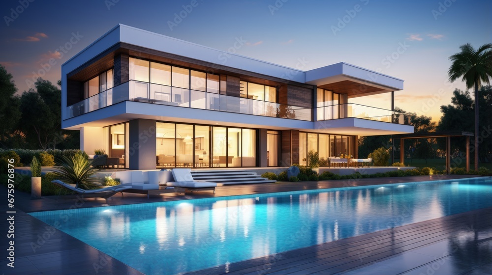 Poster realistic 3d rendering of a very modern upscale house with swimming pool