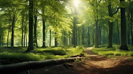 Fotobehang Panoramic view of the green summer beech forest. Sunlight through the mighty trees. Environmental conservation, ecology, pure nature, ecotourism. Idyllic landscape © HN Works
