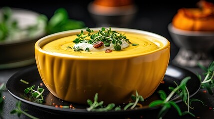 Creamy pumpkin fall soup in green bowl on the light gray table. Butternut squash cream soup garnished with heavy cream and fresh sunflower microgreen. Selective focus