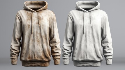 Modern hoodie before and after dry-cleaning on grey background - obrazy, fototapety, plakaty