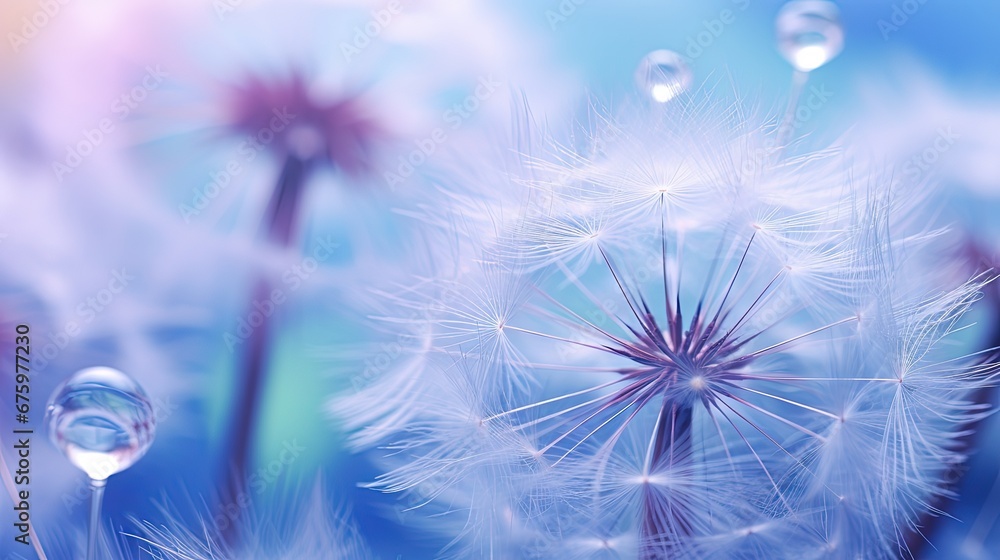 Aufkleber Beautiful dew drops on a dandelion seed macro. Beautiful soft light blue and violet background. Water drops on a parachutes dandelion on a beautiful blue. Soft dreamy tender artistic image form.