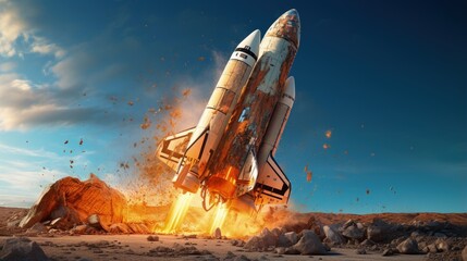 3d rendering of a retro space rocket broken after unsuccessful landing with its nose smashed into the ground. Space explorations. Broken dreams. Success and failure.