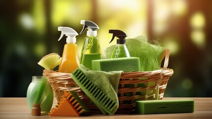 Eco-friendly and natural cleaning products in the basket. Brushes, sponges, rubber and gloves.