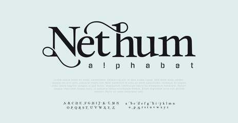 NETHUM Elegant Font Uppercase Lowercase and Number. Classic Lettering Minimal Fashion Designs. Typography modern serif fonts regular decorative vintage concept. vector illustration - obrazy, fototapety, plakaty