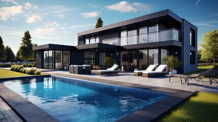 Modern Luxury House Minimalist Mansion Black Villa Large Architecture Home Exterior Building with Blue Sky and Black Stone Slab Garden with Pool 3d illustration render - obrazy, fototapety, plakaty