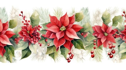 Obraz na płótnie Canvas Christmas seamless border. Watercolor banner. Poinsettia, fir branches, cones, ilex, holly berry. Holiday illustration