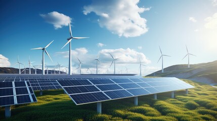 Malaysia renewable energy, wind and solar energy concept with wind turbines and solar panels - alternative energy - industrial illustration, 3D illustration