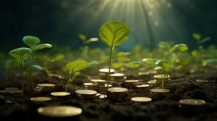 The ground plants grow on coins. The production of renewable energy is essential for the future. The green business that uses renewable energy can limit climate change. Environmental business. - obrazy, fototapety, plakaty