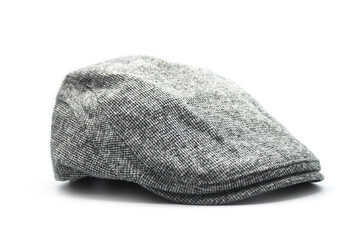 Closeup of vintage grey hat on white background