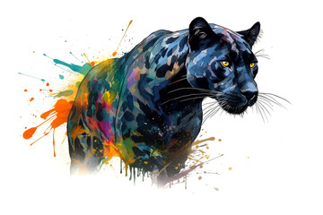 Schwarzer Panther - Elegante Raubkatze in Bewegung inmitten von Farben Splash - obrazy, fototapety, plakaty