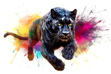 Schwarzer Panther - Elegante Raubkatze in Bewegung inmitten von Farben Splash