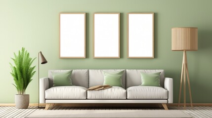 contemporary interior design for 3 poster frames in living room mock up with green couch, wooden pot and floor lamp, template, 3d render, illustration