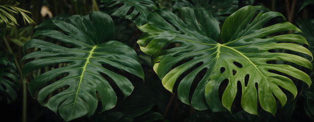 Tropical jungle Monstera leaves, Exotic plants. Can be used for background, greeting cards, flyers, invitation.