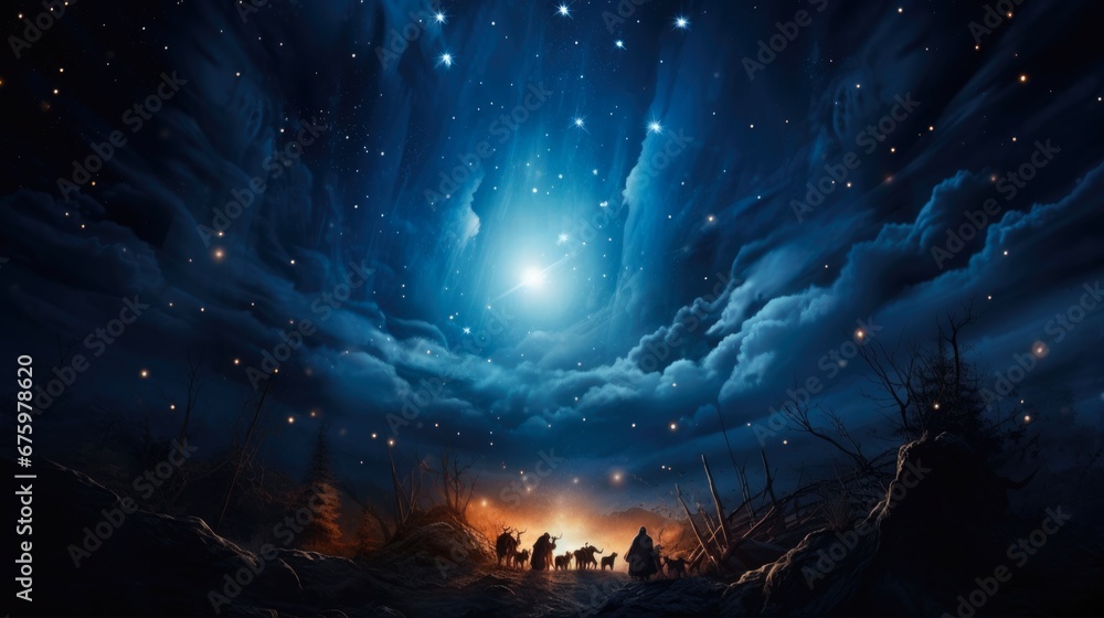 Wall mural nativity sky: celebrating the birth of jesus christ in bethlehem. a beautiful dark blue starry sky w