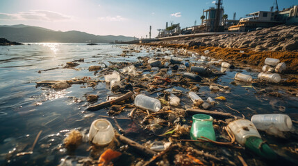 ocean pollution, sea, garbage, trash, plastic bottles, dirty water, environmental disaster, global problems, ecology, environmental, eco-consciousness, waste, human activity, damaged nature, view, eco - obrazy, fototapety, plakaty