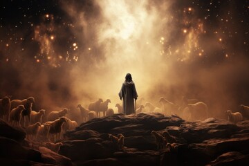 Shepherds Christmas: A Biblical Silhouette of the Angel's Annunciation to the Shepherds, Bringing the Gospel of Jesus' Birth in Bethlehem (3D Render) - obrazy, fototapety, plakaty