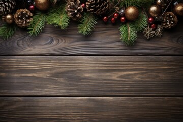 Fototapeta na wymiar Rustic Christmas Invitation with Decorative Wood Background. Festive Winter Decorations in Brown for December Celebration