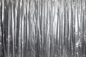 Silver Foil Curtain. Festive Decoration Background with Tinsel Strips in Grey. Perfect for Christmas or New Year Celebrations